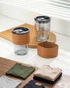 KAYYY - Glass Sipper Mug with Dual Lid & Leather Sleeve