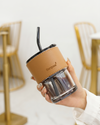 KAYYY - Glass Sipper Mug with Dual Lid & Leather Sleeve