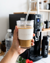 KAYYY - Glass Sipper Mug with Dual Lid & Leather Sleeve