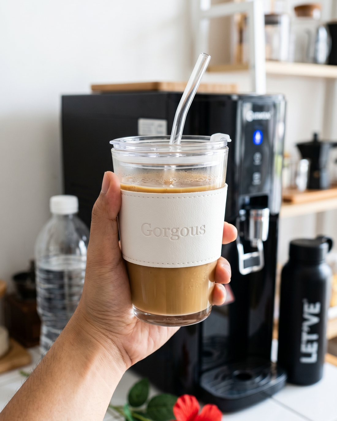 KAYYY - Glass Sipper Mug with Dual Lid & Leather Sleeve