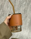 KAYYY - Glass Sipper Mug with Dual Lid & Leather Sleeve