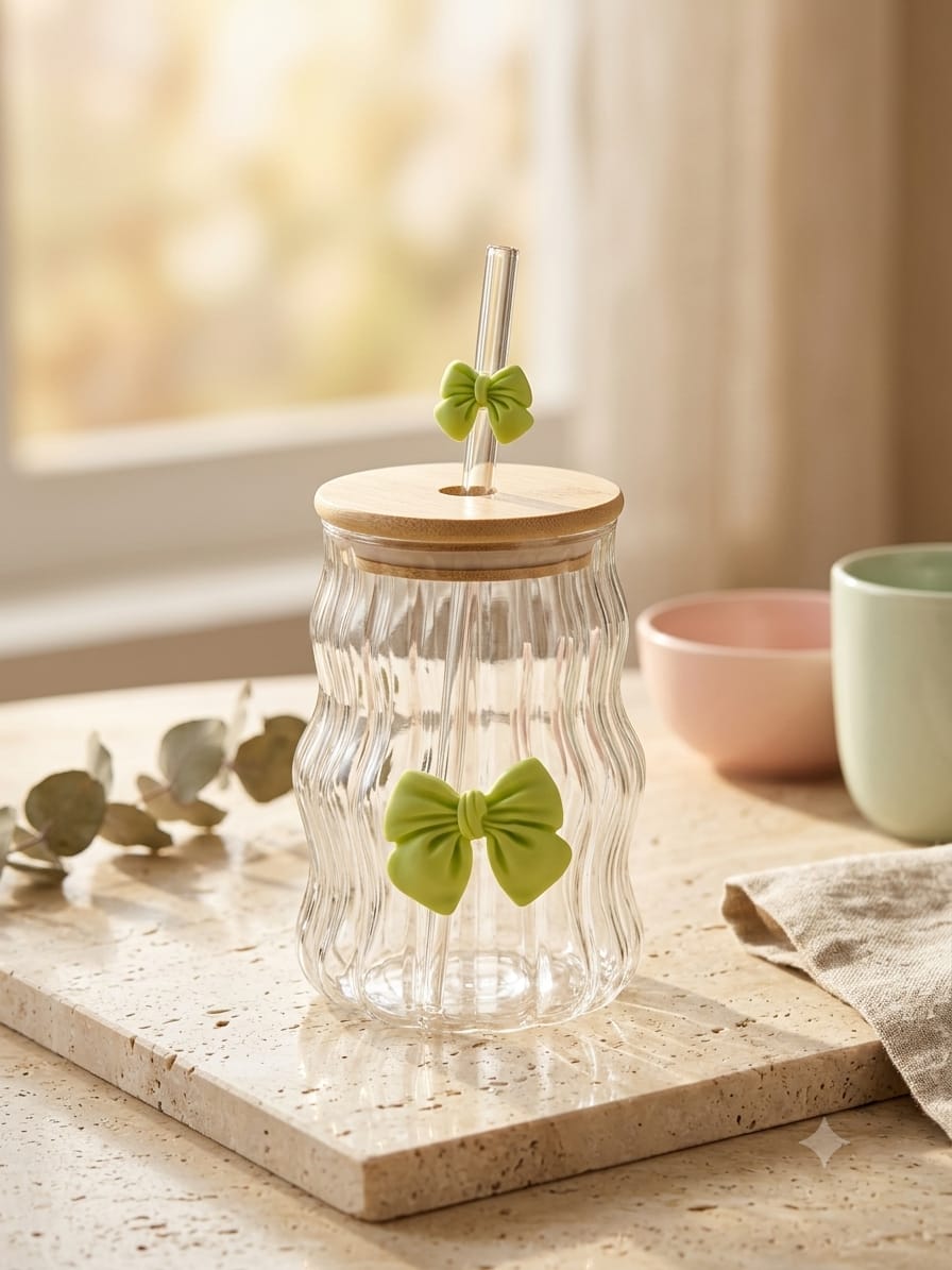 KAYYY - Wavy Glass Tumbler with Bamboo Lid & Straw