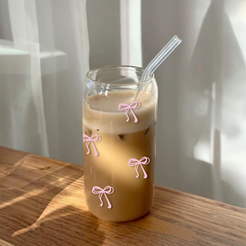 KAYYY - Pink Bow Glass Tumbler with Bamboo Lid & Straw