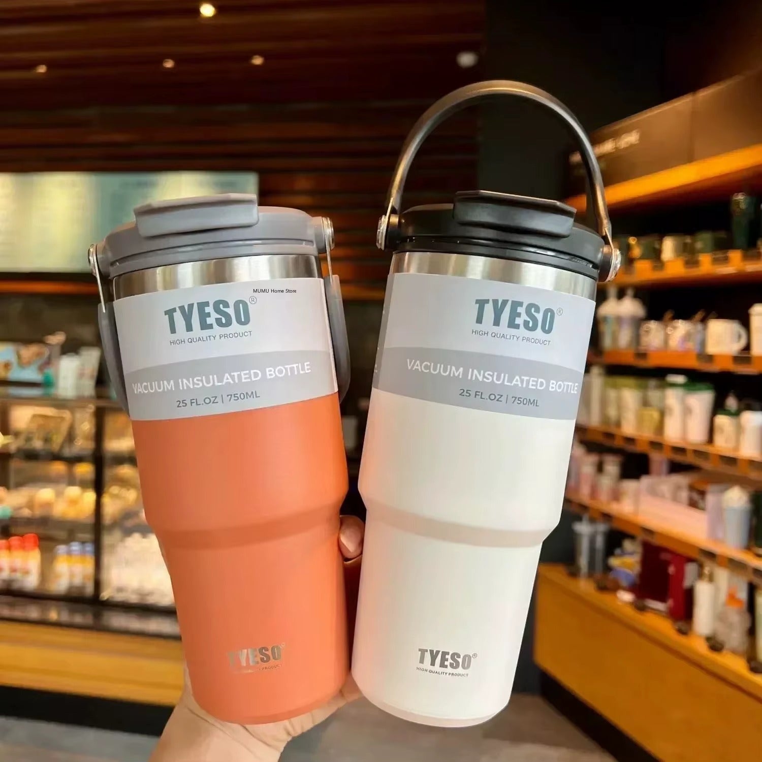 TYESO Insulated Travel Mug with Carry Handle | 600ml–1200ml Stainless Steel Tumbler