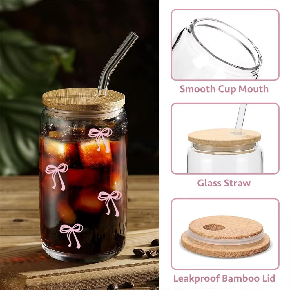 KAYYY - Pink Bow Glass Tumbler with Bamboo Lid & Straw