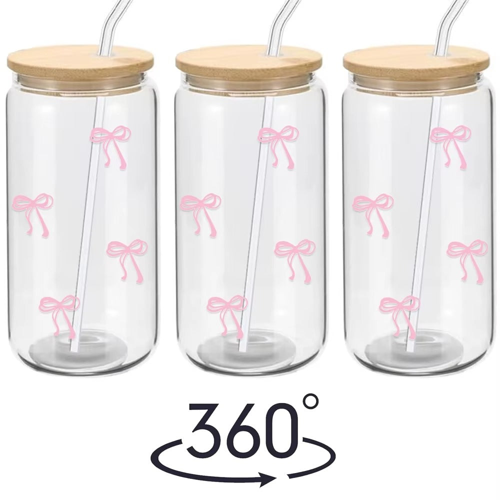 KAYYY - Pink Bow Glass Tumbler with Bamboo Lid & Straw